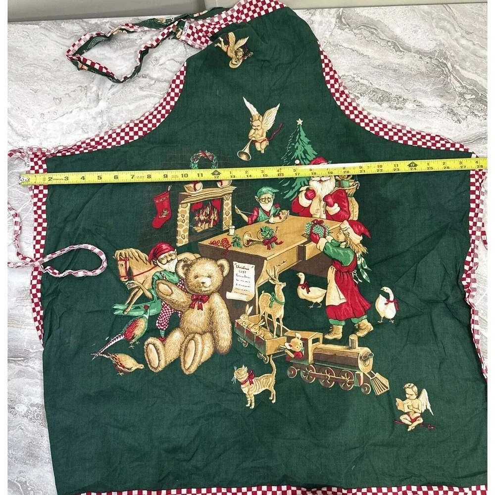 Vtg Christmas‎ Santa And Elves Full APRON COTTON Fabric Tie Red Green Handmade